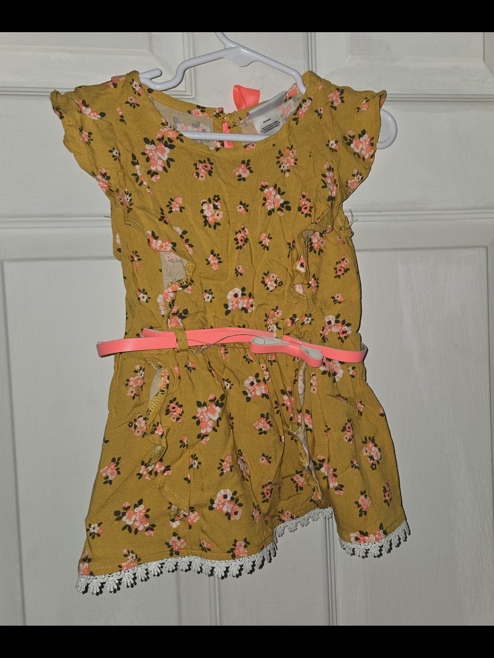 Little Lass Mustard Floral Dress with Coral Belt SZ 4
